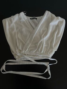 Zara White Surplice Cropped Wrap Top with Waist Tie